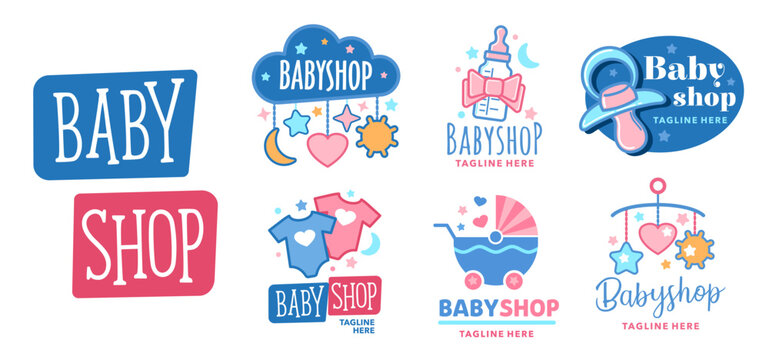Baby shop icons, cradle and rattle toys, stroller and cloth. Newborn and toddler store symbols with cute kid boy and girl clothes, baby bottle, pacifier and crib mobiles signs set for shop or store