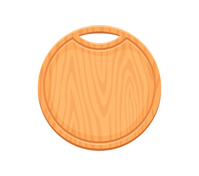 Wooden kitchen chopping board. Cartoon round cutting board utensil. Durable dish for kitchen food preparation, slicing and serving, natural timber plank for culinary with handle and wood grain texture