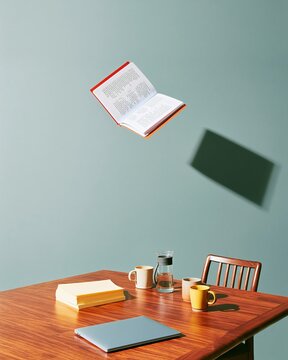 Floating open book with unreadable text hovering over a polished wooden meeting table, featuring soft light and copy space for corporate advisory