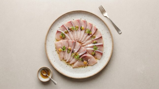 Overhead Flat Lay Raw Kanpachi Crudo Fan Arranged Curve Plate Isolated Plain Neutral Backdrop

