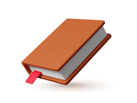 3d closed book with hardcover, close bestseller or school textbook. Educational dictionary. Isolated literature novels with brown cover and red bookmark. Fairytale, handbook, verses mockup angle view