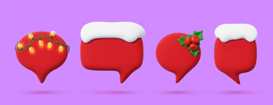 Christmas red speech bubble chat icons, talk balloon frame and dialog boxes. 3d speech clouds with snow, holly berries and light garlands. Winter Xmas holiday empty chat boxes for festive messages