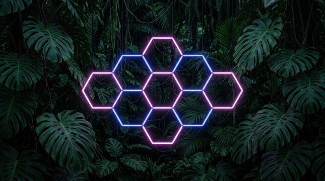 Futuristic neon hexagon light installation suspended amidst lush tropical monstera leaves in dark jungle setting, cyberpunk aesthetic blending nature with artificial illumination