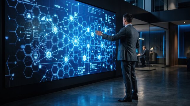 Businessman interacting with large interactive digital display wall showing complex network diagram composed