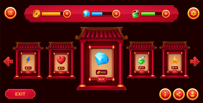 Chinese game shop interface windows and icons, Asian loading bars for Oriental store panel UI with sale board frame. Game shop windows for mobile video game item boxes with Chinese roofs