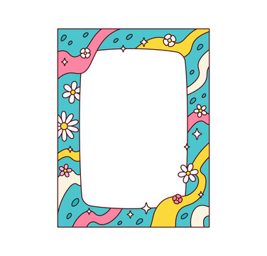 Groovy retro psychedelic color wavy frame and cartoon hippie y2k border with daisy flowers, sparkling stars, and squiggly ribbons. Pastel blue photo frame background with nostalgic trippy comic vibe