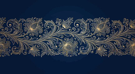 Intricate golden floral vine border with blooming flowers on a dark navy blue background © Saharia
