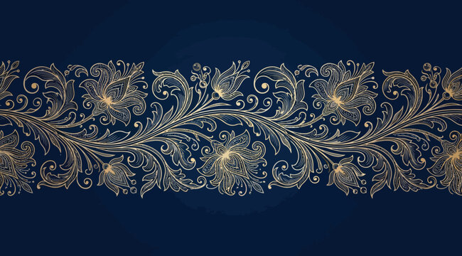 Intricate golden floral vine border with blooming flowers on a dark navy blue background
