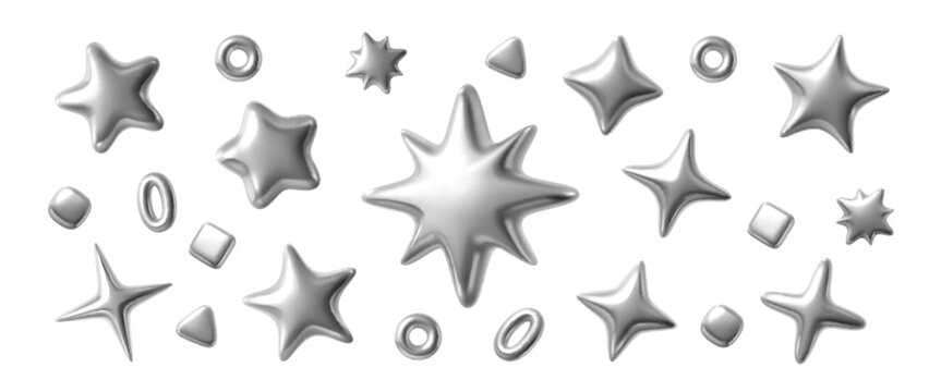 3d silver metallic stars, rings and cubes glossy objects. Vector sparkling starlets, twinkles and circles. Realistic playful cartoon starry render elements for magic decorations, games, apps, nursery