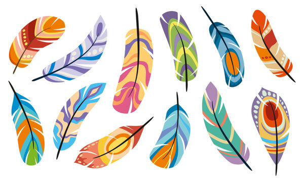 Ethnic indigenous bird feathers icons set featuring bohemian and native American tribal bird plumes. Boho quill accessories decorated with tribal patterns, dots and geometric shapes for apparel prints