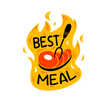 Kitchen cook icon featuring juicy steak on large fork, surrounded by vibrant yellow and orange flames. Vibrant icon for restaurant branding, steakhouse menus, outdoor BBQ posters or culinary stickers