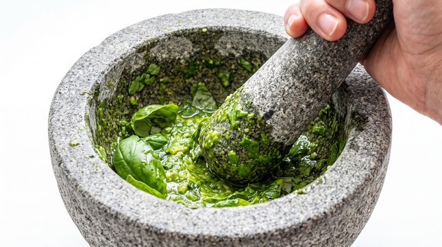 Making vegan pesto with fresh basil in a stone mortar