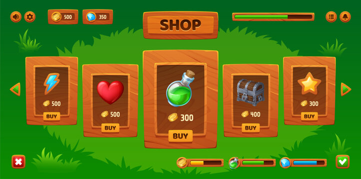Game shop interface windows with tool icons and store panel UI or sale board frames. Game shop windows with wooden loading bars and menu board frames with inventory assets for mobile game buy elements