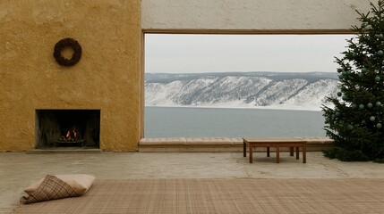Naklejka premium Cozy mountain cabin interior with a warm fireplace and large window overlooking a snowy lake for winter travel and virtual backgrounds