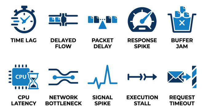 Set of network latency and digital data performance issue icons representing lag delay and connection speed Minimal solid fill icon set bundle collection. Editable Vector Illustration Mega pack