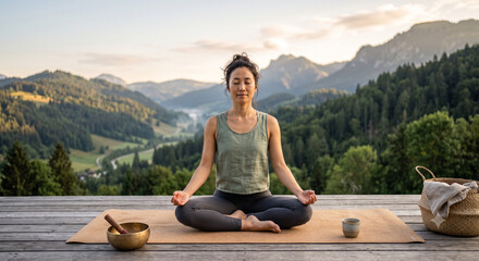 Fototapeta premium Serene Asian Woman Meditating Outdoors with Singing Bowl in Alpine Mountain Nature at Sunrise, Mindfulness and Wellness Concept
