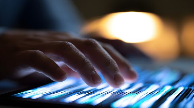 Close up hands typing on illuminated keyboard at night, programmer coding work, software developer typing