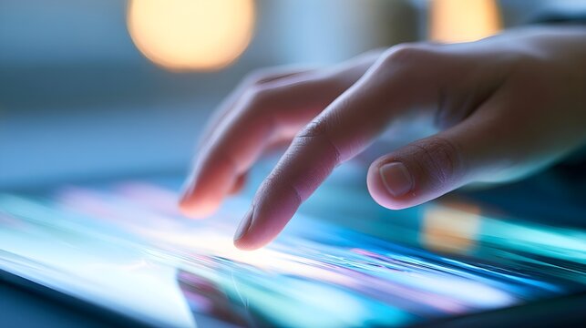 Digital tablet touch screen interface close up, hand touching glowing blue display, modern smart tech user interaction, modern interactive software