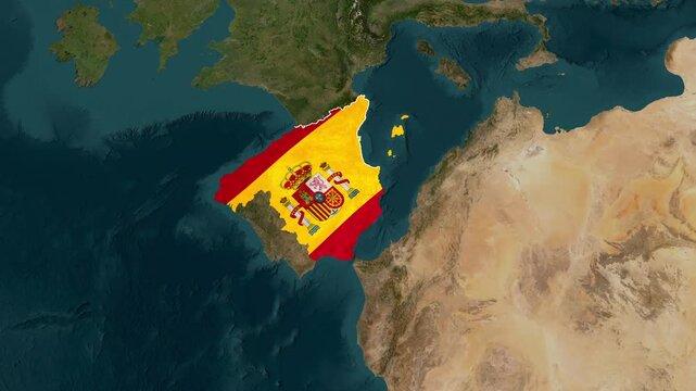 Spain national flag overlaying animated country map video motion graphic