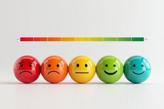 Emotion mood feedback rating satisfaction colorful sphere faces in row with scale above