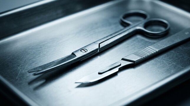 Surgical instruments scalpel and scissors on metal tray in hospital