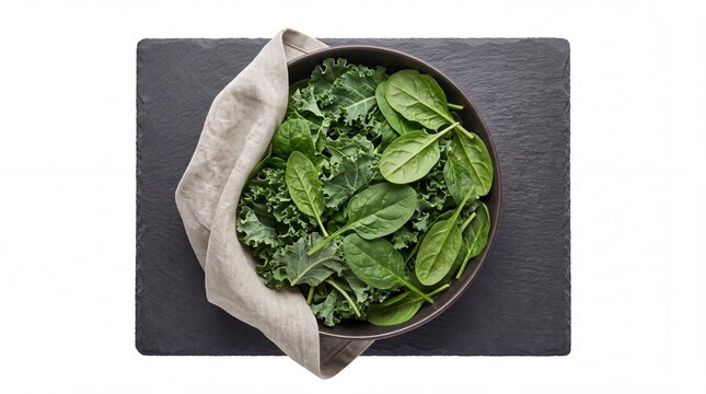 Fresh vegan kale and spinach leaves in a bowl on slate board