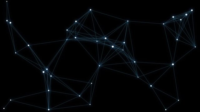 Abstract digital network connections glowing particle nodes connected by thin lines on dark background with digital constellations with white nodes interconnected