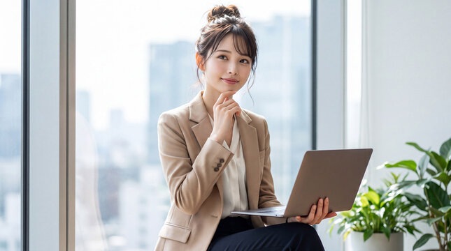 オフィスの窓際でノートPCを持ちあごに手を当てて微笑む女性社員（ひらめき・アイデア・前向きな思考）