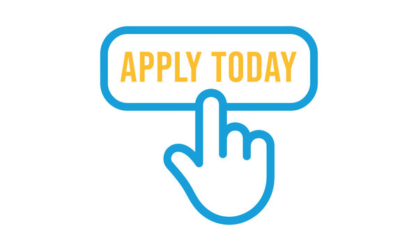 Hand clicking apply today button with finger pointing at modern call to action banner