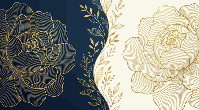 Elegant floral background with gold line art peonies on a split navy blue and cream canvas, featuring intricate botanical details and a sophisticated luxury design