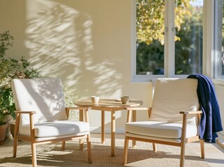 Fototapeta premium Two upholstered armchairs and a round wooden table in a sunlit counseling room with a cozy, muted atmosphere for psychotherapy and private conversation