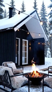 Cozy winter cabin with an outdoor fire pit burning in snowy woods