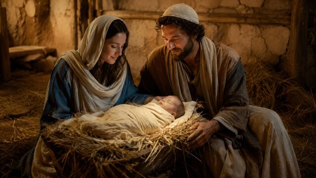 Nativity scene with Mary and Joseph beside newborn baby resting in a straw filled manger