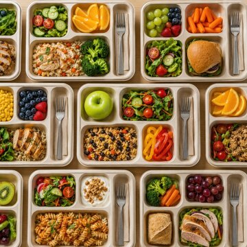 Healthy balanced school lunch trays with fresh fruit vegetables chicken salad and grain
