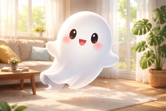 Cute friendly ghost floating in a bright cozy living room with cheerful expression