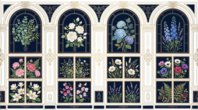 Sophisticated dark blue wall architecture with arched windows and lower panels filled with vibrant, detailed botanical illustrations of colorful flowers and greenery