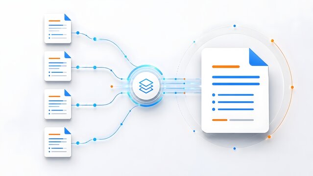 Digital data integration system layering multiple business documents into a unified corporate report via smart UI