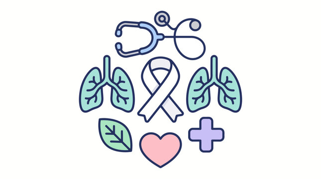 Medical Icons Collection Featuring Lungs Stethoscope Awareness Ribbon and Healthcare Symbols for Wellness and Respiratory Disease Awareness
