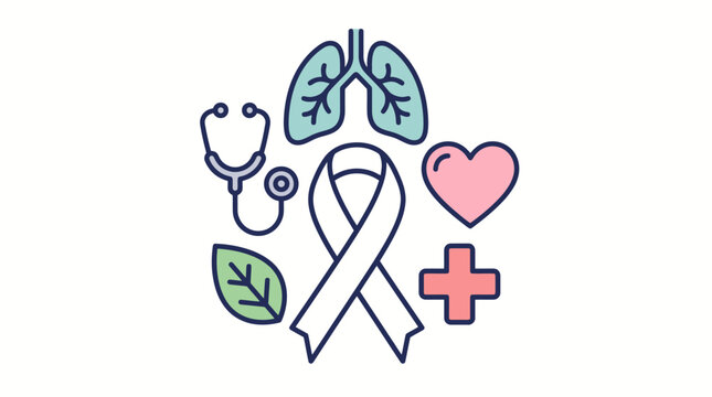 Medical Icons Representing Health Awareness, Research, and Care for Lungs, Heart, and Overall Wellbeing