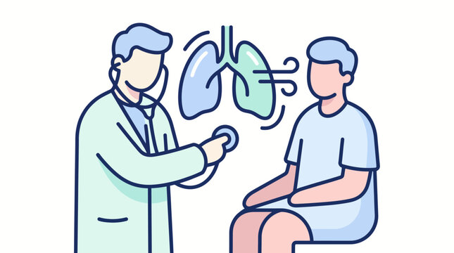 A doctor examining a patient's lungs with a stethoscope in a medical illustration