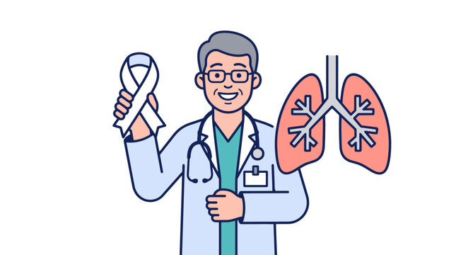 Male doctor holding a white awareness ribbon next to a pair of lungs illustration representing health