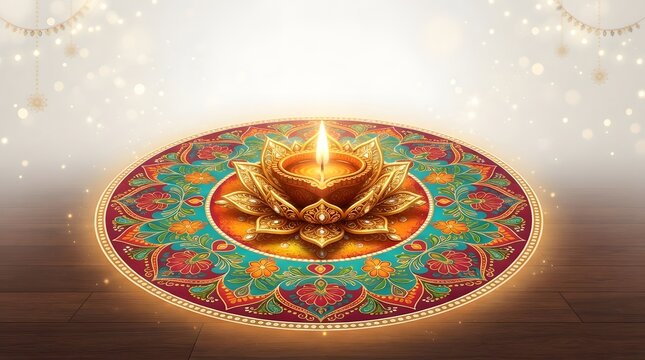 A vibrant and ornate digital illustration of a lotusshaped diya lamp on a colorful rangoli pattern