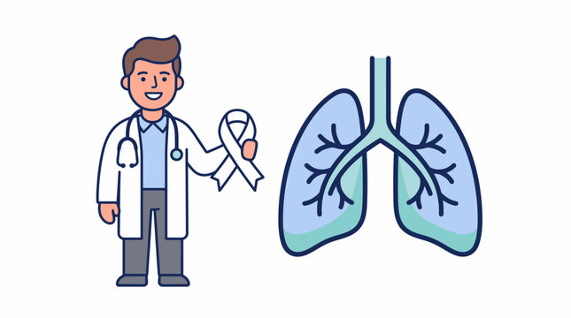 Doctor Holding White Ribbon Next to Lungs Illustration for Lung Cancer Awareness Concept
