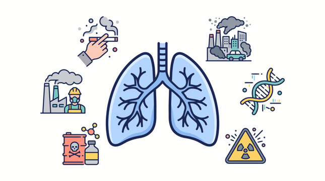 Illustration of Human Lungs and Environmental Risk Factors for Respiratory Health and Air Pollution