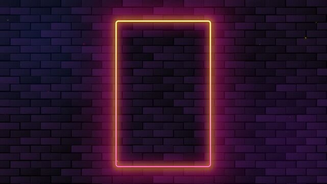 A vibrant orange glowing rectangular frame illuminates the textured surface of a dark purple brick wall creating an atmospheric visual effect for creative projects that require bold luminous