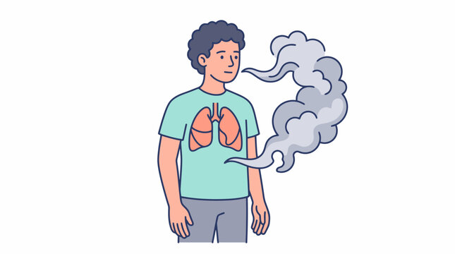 Illustration of a man inhaling polluted air and smoke showing human respiratory lungs and health risks