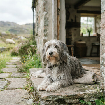 Shaggy grey dog resting on a stone step by an open farmhouse doorway outside