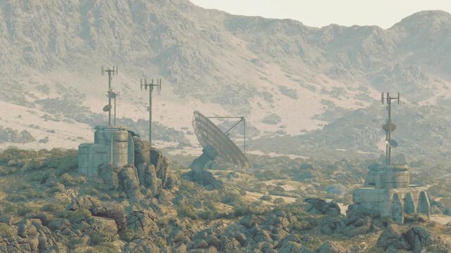 satellite ground station monitoring array with multiple antennas and radome wide shot shows clustered receivers among rocky scrub, muted light, focus