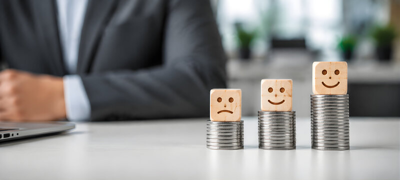 Customer Satisfaction and Financial Growth Concept Smile Faces on Wooden Blocks stacked on Coins