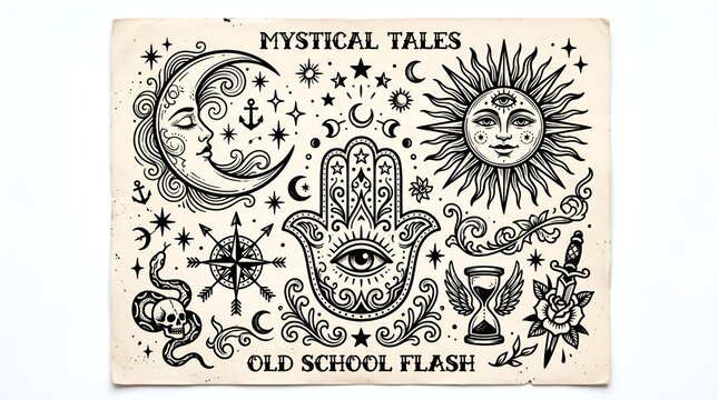 Old school tattoo flash sheet, mystical tales occult illustrations, vintage celestial sun and moon art, hamsa hand and esoteric symbols
